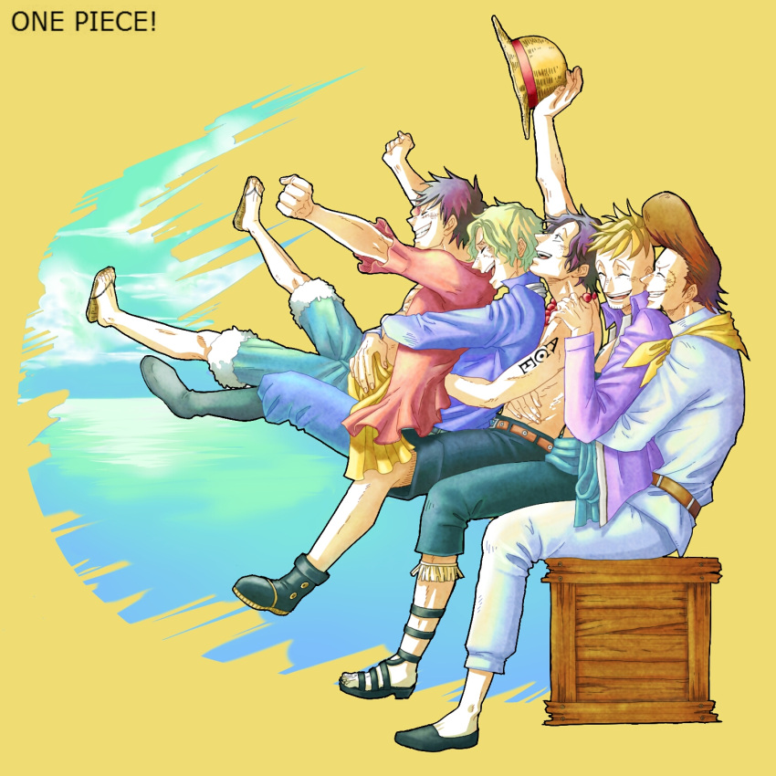 5boys blonde_hair brothers brown_hair hug male_focus marco monkey_d_luffy multiple_boys one_piece portgas_d_ace sabo_(one_piece) siblings simple_background sitting smile thatch time_paradox