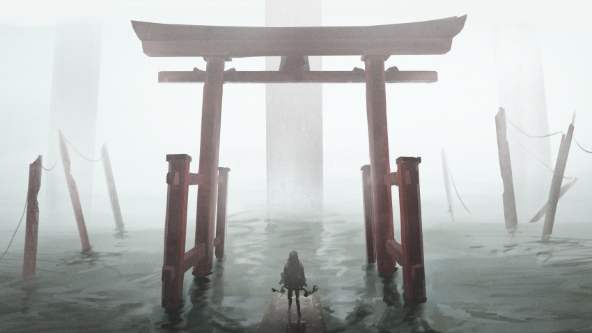 1girl absurdres commentary_request facing_away fog from_behind highres holding jacket long_hair long_sleeves ocean original outdoors piroshiki_(aoraro) scenery sky solo standing torii water wide_shot