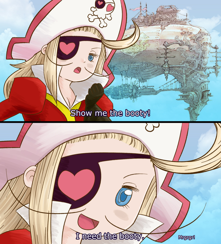 1girl 2koma ahoge aircraft airship artist_request blonde_hair blue_eyes blush bravely_default:_flying_fairy bravely_default_(series) breasts cleavage comic edea_lee eyepatch facial_hair hat heart kin-iro_mosaic looking_at_viewer meme mustache parody pirate pirate_hat skull_and_crossbones source_quote_parody