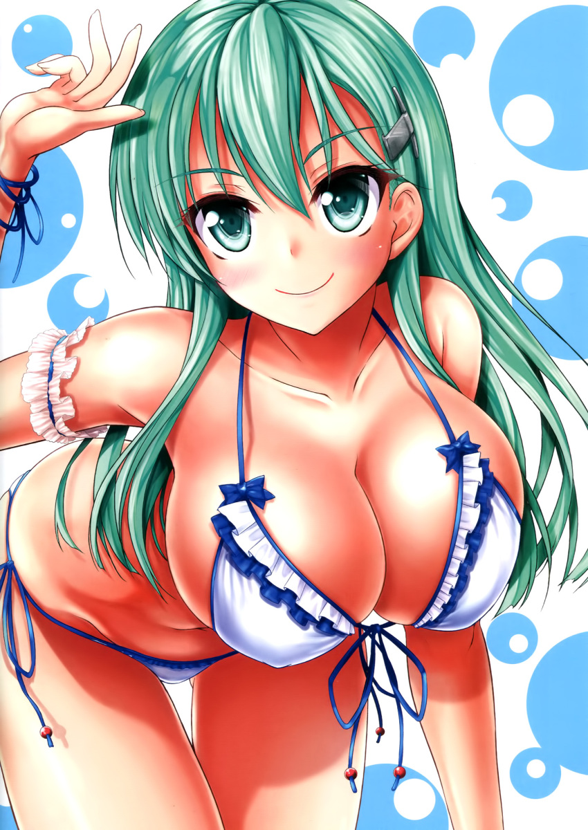 1girl akizuki_akina bare_shoulders bikini blush breasts cleavage collarbone female green_eyes green_hair hair_ornament hairclip highres kantai_collection large_breasts leaning_forward legs long_hair looking_at_viewer navel shiny shiny_skin simple_background smile solo standing suzuya_(kantai_collection) swimsuit thighs thong