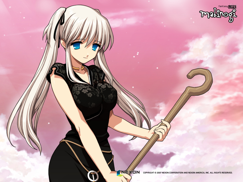 1girl blue_eyes breasts erect_nipples female large_breasts long_hair looking_at_viewer mabinogi nao_(mabinogi) silver_hair sky smile solo tied_hair twintails wallpaper