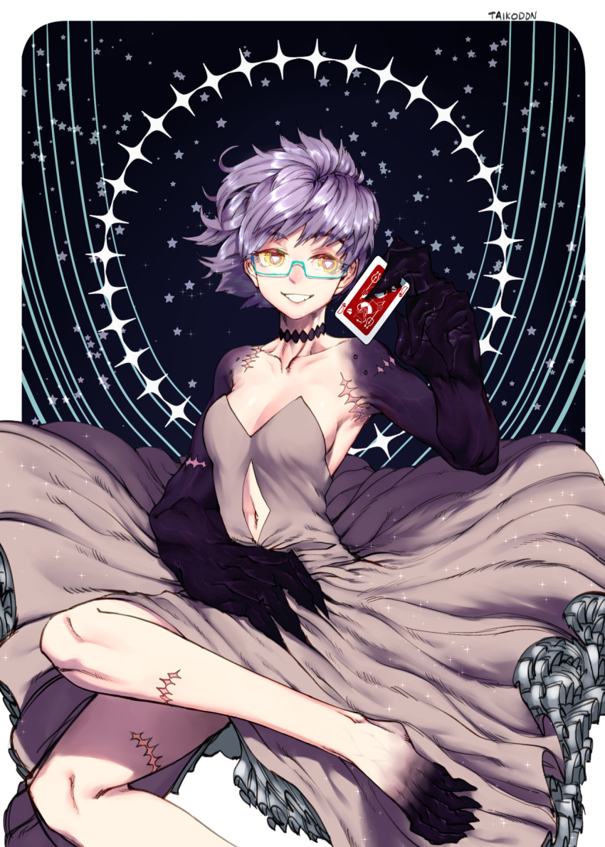 1girl bare_shoulders breasts card choker claws cleavage dress feet frilled_dress frills glasses legs monster_girl navel navel_cutout original purple_hair scar simple_background smile solo strapless_dress striped_background symbol-shaped_pupils taikodon