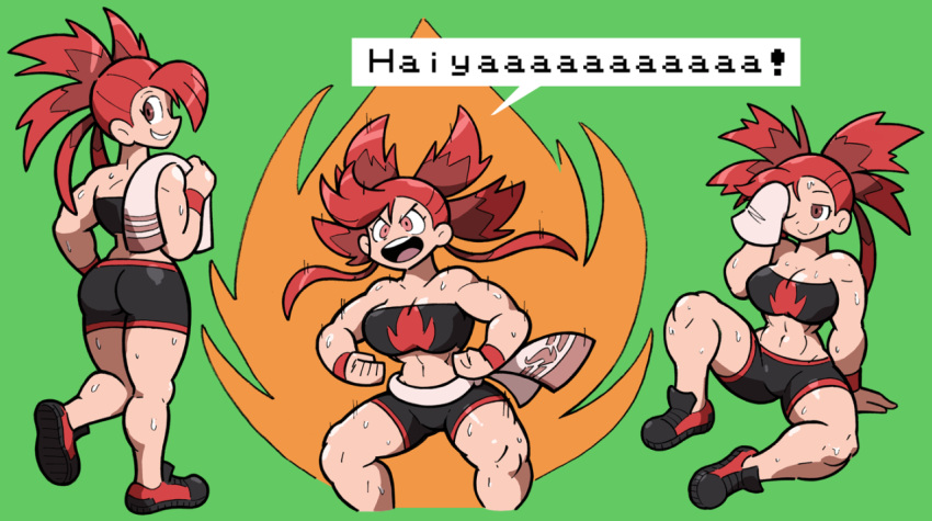 00s 1girl abs ass asuna_(pokemon) breasts brown_hair cleavage female gym_leader looking_back muscle nintendo open_mouth pokemon pokemon_(game) pokemon_rse red_eyes redhead shenanimation shorts simple_background sweat thick_thighs towel tubetop