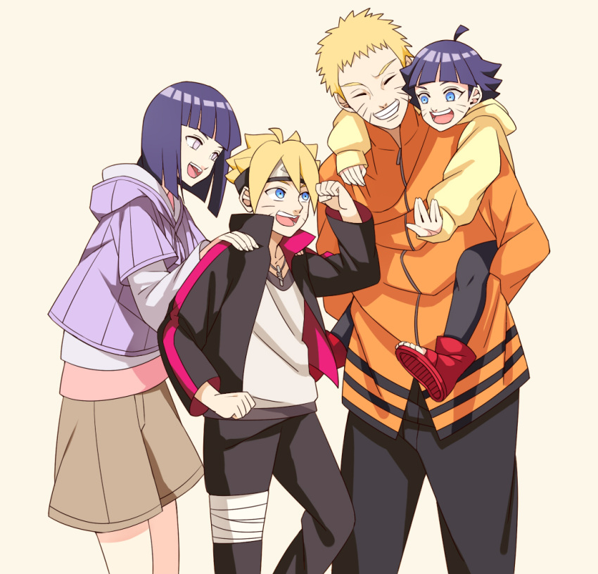 2boys 2girls ahoge blonde_hair boruto:_the_movie closed_eyes family father_and_daughter father_and_son forehead_protector hand_on_shoulder happy hime_cut hyuuga_hinata mother_and_daughter mother_and_son multiple_boys multiple_girls naruto piggyback purple_hair rabi3 simple_background uzumaki_boruto uzumaki_himawari uzumaki_naruto whiskers