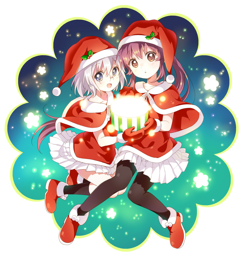 2girls :d :o bangs black_legwear blue_eyes boots brown_eyes capelet christmas commentary_request fur-trimmed_capelet fur_trim glasses grey_hair hat highres holding holly ikeda_chitose kneehighs looking_at_viewer mittens multiple_girls namori open_mouth pantyhose pleated_skirt ponytail red_boots redhead round_glasses santa_costume santa_hat skirt smile snowing sugiura_ayano white_skirt yuru_yuri