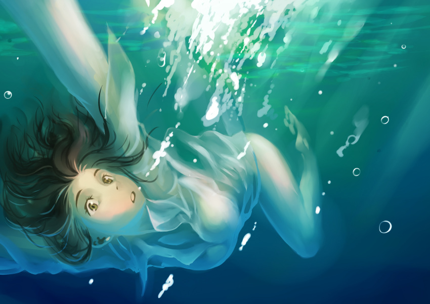 1girl breasts brown_eyes brown_hair bubbles deathwingxiii gradient gradient_background ocean solo underwater wet