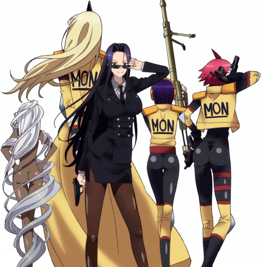 5girls ass black_hair breasts business_suit cyclops doppel_(monster_musume) glasses gun handgun heterochromia highres large_breasts legs long_hair manako monster_girl monster_musume_no_iru_nichijou ms._smith multiple_girls nude ogre one-eyed pistol purple_hair redhead rifle short_hair simple_background skirt smile standing stitched thigh-highs tionishia weapon white_hair yellow_eyes zombina