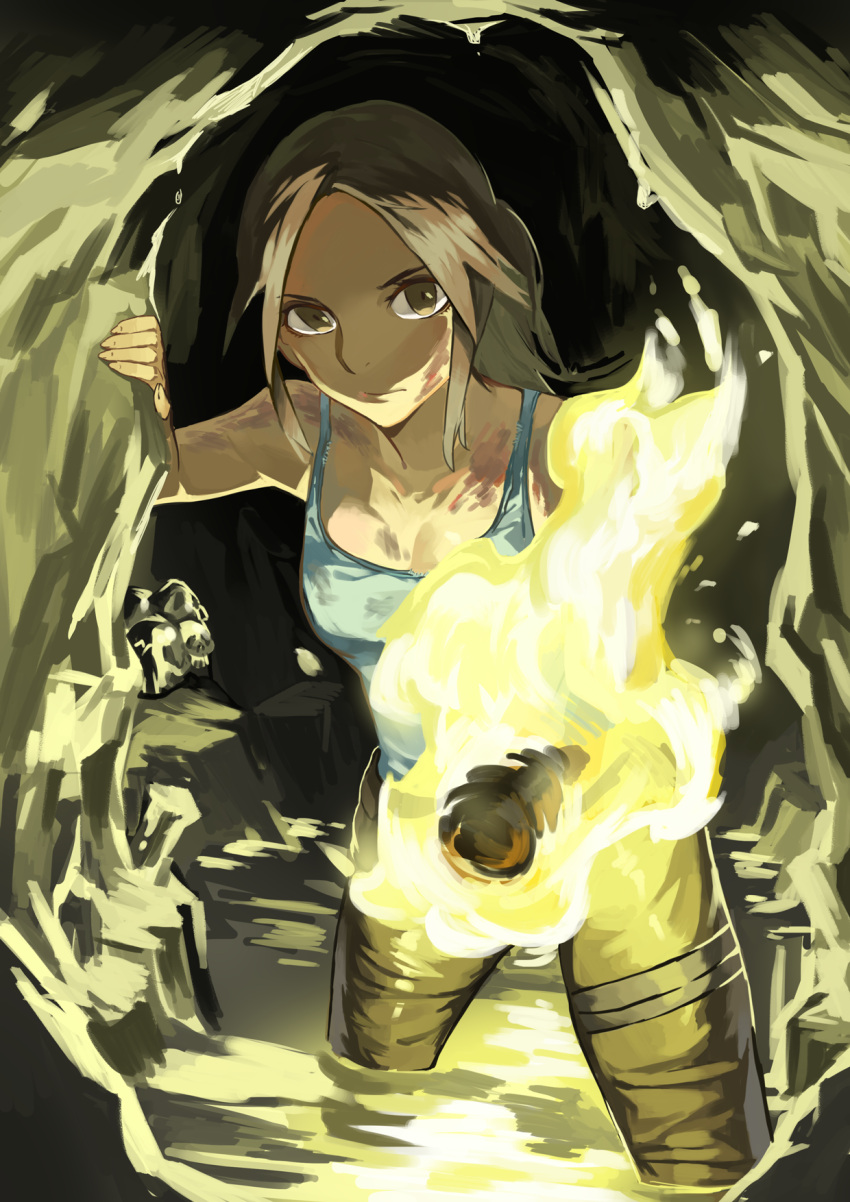 1girl blood brown_eyes brown_hair cave earth fire gradient gradient_background lara_croft long_hair rain solo tank_top tomb_raider water