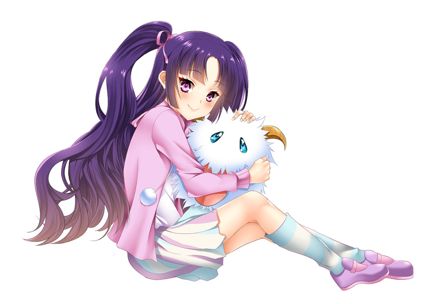 1girl league_of_legends long_hair pink_eyes poro_(league_of_legends) purple_hair raspdere simple_background sitting un4lord