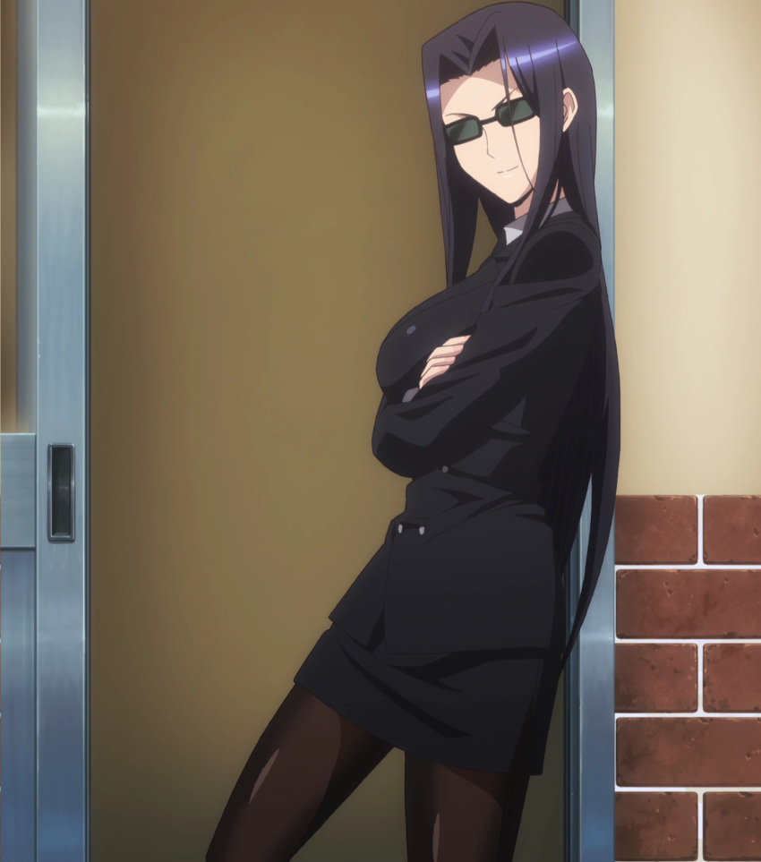 1girl black_hair business_suit glasses highres long_hair monster_musume_no_iru_nichijou ms._smith smile solo standing stitched thigh-highs