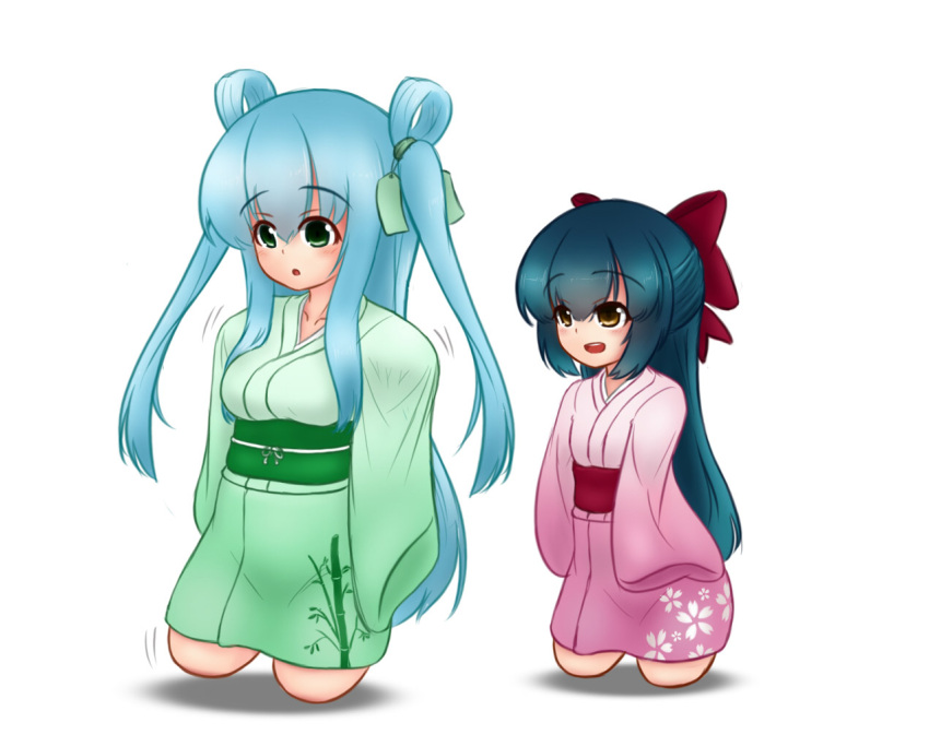 2girls amputee blue_hair blush bow breasts brown_eyes green_eyes hair_bow japanese_clothes long_hair mikeysukairain multiple_girls obi open_mouth quadruple_amputee sash simple_background small_breasts smile tanabata twintails very_long_hair white_background yukata