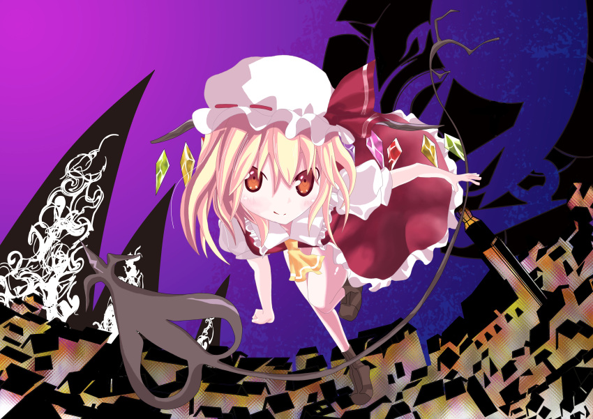 1girl ascot blonde_hair bow female flandre_scarlet gradient gradient_background hat hat_ribbon laevateinn looking_at_viewer mob_cap red_eyes red_skirt running side_ponytail skirt solo touhou wings