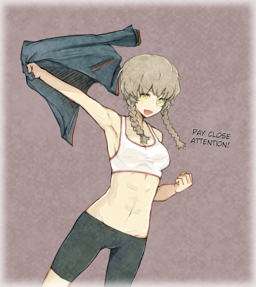 1girl 5pb. abs amane_suzuha armpits bike_shorts braid brown_hair clenched_hand gradient gradient_background hard_translated highres jacket glasses_chuu midriff nitroplus open_mouth science_adventure solo sports_bra steins;gate translated twin_braids undressing yellow_eyes