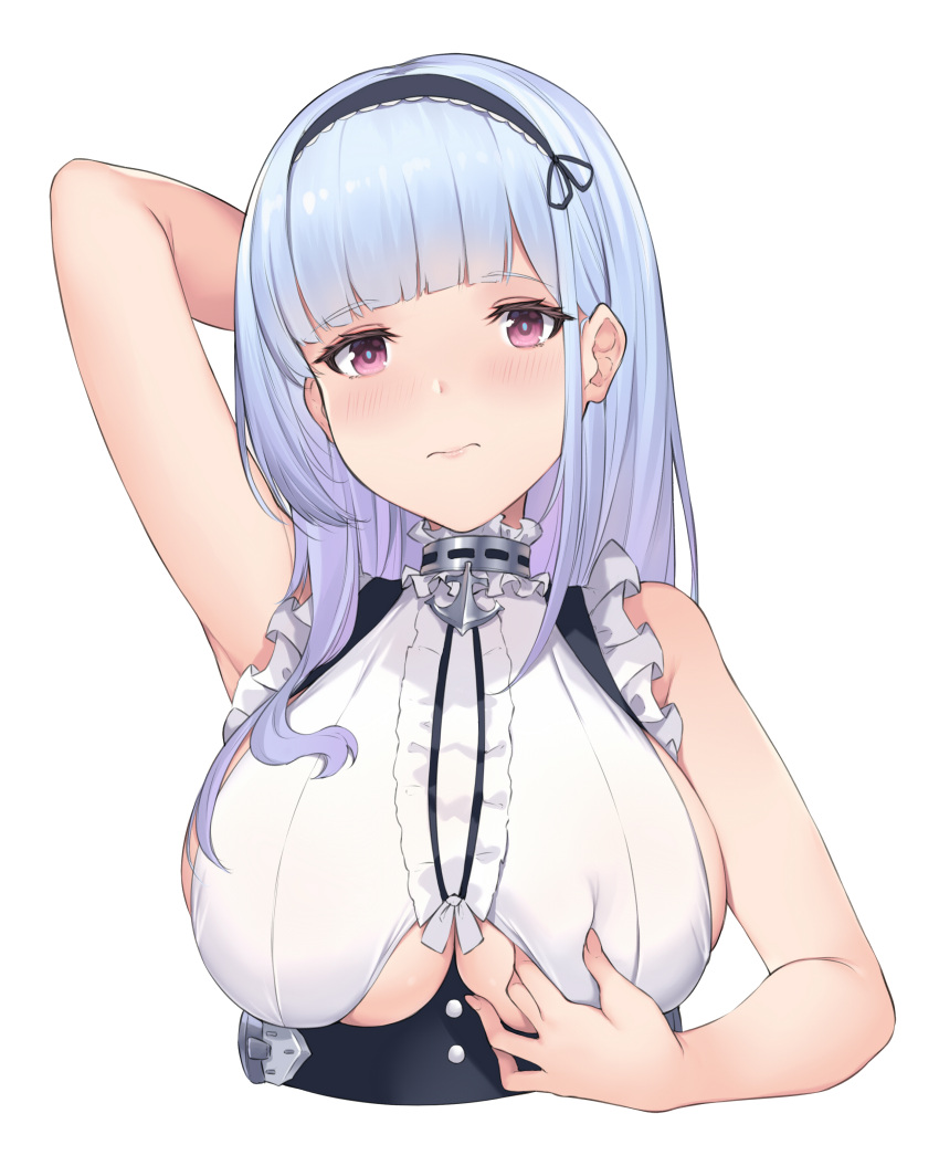1girl 3: absurdres arm_behind_head arm_up armpits azur_lane bangs bare_shoulders black_hairband blunt_bangs blush breasts center_frills cropped_torso dido_(azur_lane) eyebrows_visible_through_hair frown hairband highres large_breasts long_hair looking_at_viewer pak_ce shirt silver_hair simple_background sleeveless sleeveless_shirt solo under_boob underboob_cutout upper_body violet_eyes white_background white_shirt