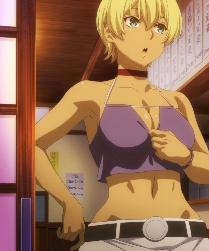 1girl bare_shoulders belt blonde_hair breasts choker cleavage curvy female green_eyes large_breasts midriff mito_ikumi navel open_mouth screencap shokugeki_no_souma short_hair solo standing stitched wide_hips