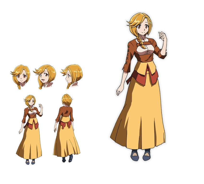 1girl blonde_hair braid breasts brown_eyes character_sheet concept_art enri_emmot expressions female from_behind full_body hair_over_shoulder long_hair long_skirt looking_at_viewer official_art overlord_(maruyama) simple_background single_braid skirt smile solo standing white_background