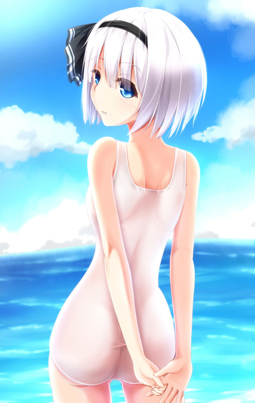 1girl arms_behind_back ass bangs bare_shoulders blue_eyes blue_sky blue_swimsuit clouds cowboy_shot day evandragon eyebrows eyebrows_visible_through_hair eyelashes eyelashes_visible_through_hair eyes eyes_visible_through_hair from_behind hair_ribbon hairband highres konpaku_youmu long_bangs looking_back ocean parted_lips ribbon school_swimsuit short_hair silver_hair sky solo standing swimsuit touhou water white_school_swimsuit white_swimsuit