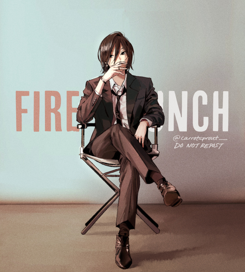 1boy bangs black_hair carrotsprout copyright_name cross cross_earrings crossed_legs director director's_chair earrings expressionless fire_punch formal hair_between_eyes highres jewelry mole mole_under_eye mole_under_mouth necktie short_hair sitting solo suit togata_(fire_punch) transgender twitter_username