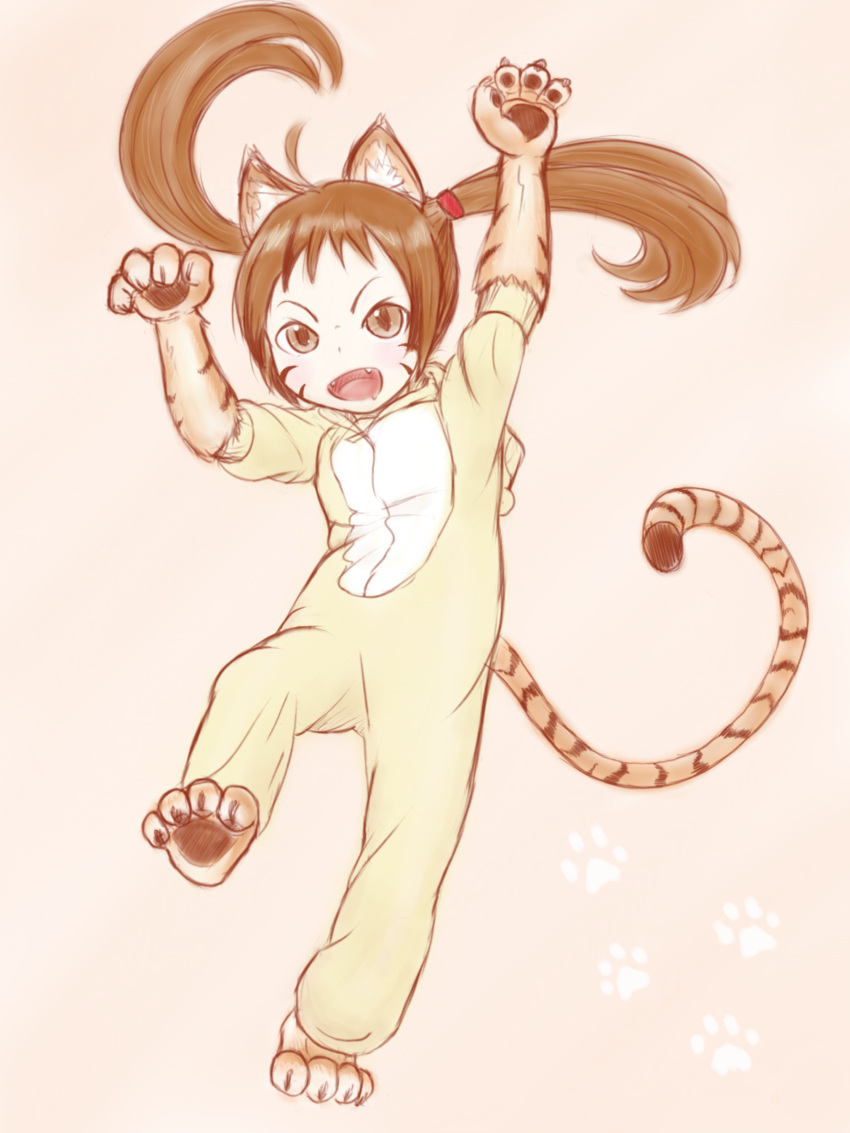 1girl animal_ears animal_tail blush brown_eyes brown_hair child mithril monster_girl open_mouth pajamas simple_background smile solo tail tiger_ears tiger_girl tiger_tail twintails