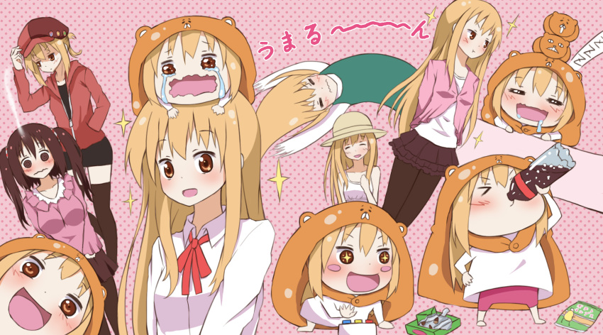&gt;.&lt; 2girls :d animal_hood artist_request blush blush_stickers brown_hair casual chibi crying doma_umaru ebina_nana embarrassed female hamster hamster_costume hat himouto!_umaru-chan hood jacket long_hair looking_at_viewer multiple_girls open_mouth pantyhose pink_shorts polka_dot polka_dot_background saliva school_uniform shorts skirt smile tears thigh-highs twintails