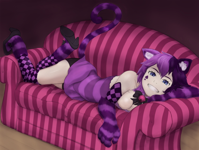 1girl animal_ears animal_tail bell blue_eyes bow breasts cat_ears cat_tail cheshire_cat cheshire_cat_(mamono_girl_lover) cheshire_cat_(monster_girl_encyclopedia) cleavage couch female grin large_breasts looking_at_viewer lying mamono_girl_lover mithril monster_girl_encyclopedia multicolored_hair pink_hair purple_hair shiny shiny_skin shoes short_hair smile socks solo tail