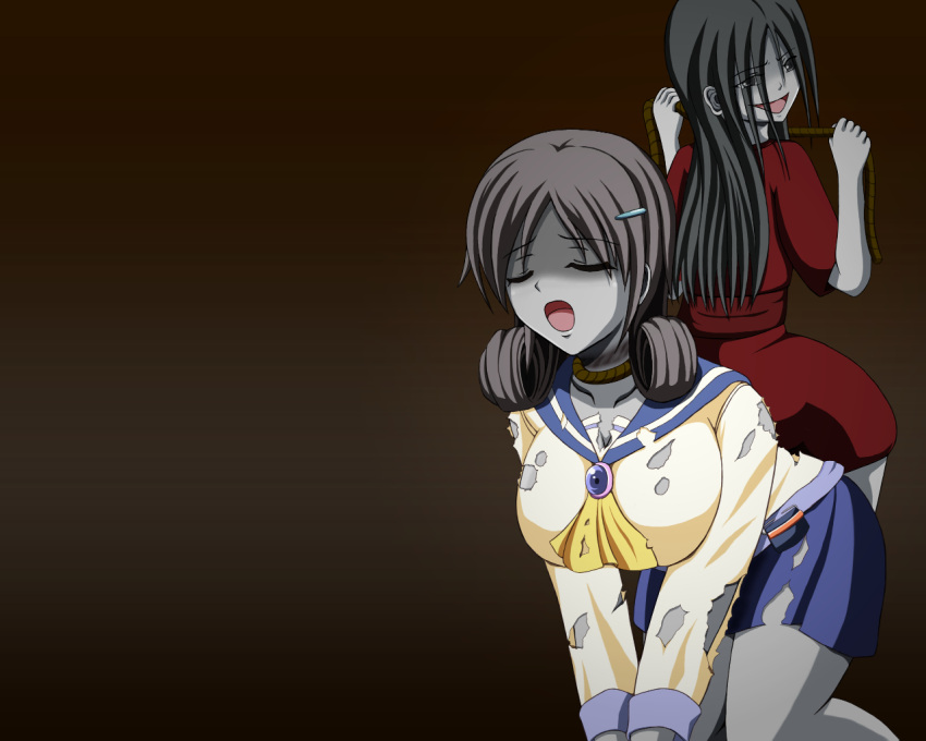 2girls artist_request black_eyes black_hair breasts bruise closed_eyes collarbone corpse_party curly_hair dress ghost grey_skin hair_ornament hairpin hanging_breasts injury large_breasts leaning leaning_forward long_hair looking_back multiple_girls open_mouth pleated_skirt red_dress rope school_uniform shaded_face shinohara_seiko shinozaki_sachiko simple_background sitting sitting_on_person skirt smile torn_clothes zombie