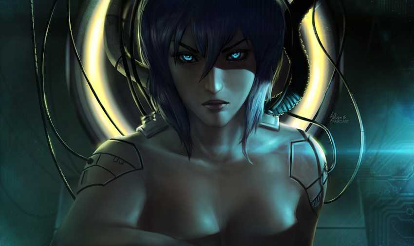 1girl blue_eyes breasts collarbone cyborg ghost_in_the_shell glowing glowing_eyes gradient gradient_background kusanagi_motoko looking_at_viewer nude out-of-frame_censoring purple_hair raikoart short_hair solo upper_body wire