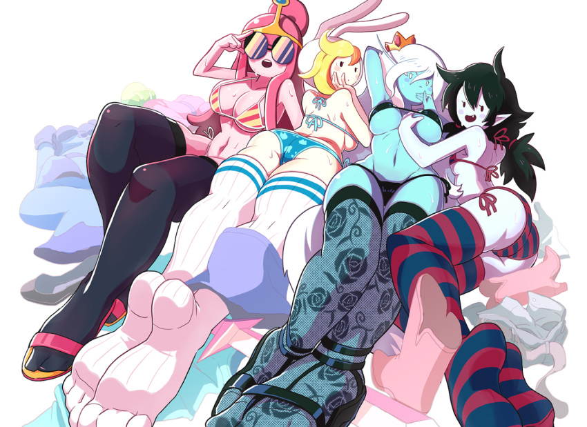 4girls adventure_time animal_hood ass bikini black_legwear blonde_hair blue_skin breasts bunny_hood cartoon_network cleavage crown fangs feet fionna gashi-gashi ice_queen lingerie long_hair lying marceline_abadeer midriff multiple_girls navel on_side open_mouth panties pantyhose patterned_legwear pink_hair pink_skin pointy_ears princess_bonnibel_bubblegum red_eyes short_hair simple_background smile striped_legwear sunglasses sweat swimsuit thigh-highs under_boob underwear vampire