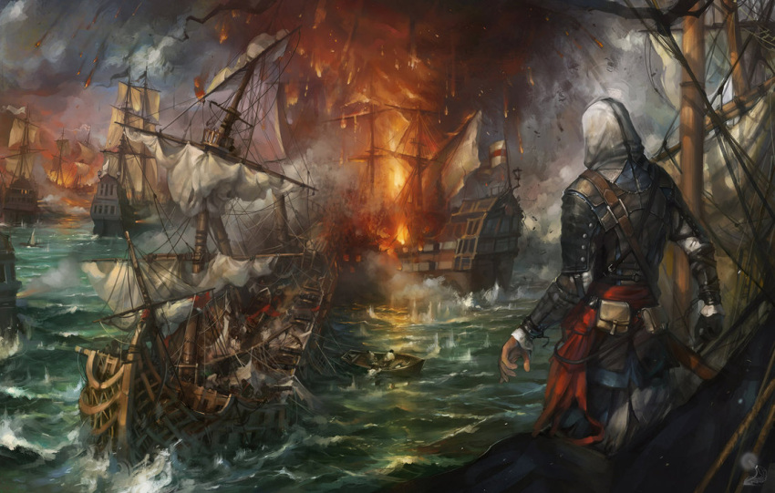 1boy assassin's_creed assassin's_creed_(series) assassin's_creed_iv:_black_flag edward_kenway fire flag hood jacket long_hair male_focus ocean pants pirate rope ship solo water watercraft