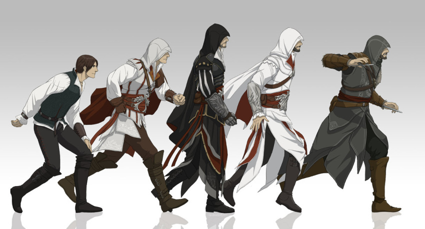 1boy assassin's_creed assassin's_creed:_brotherhood assassin's_creed:_revelations assassin's_creed_(series) assassin's_creed_ii belt boots brown_hair evolution ezio_auditore_da_firenze facial_hair gb_(doubleleaf) gradient gradient_background highres hood solo walking