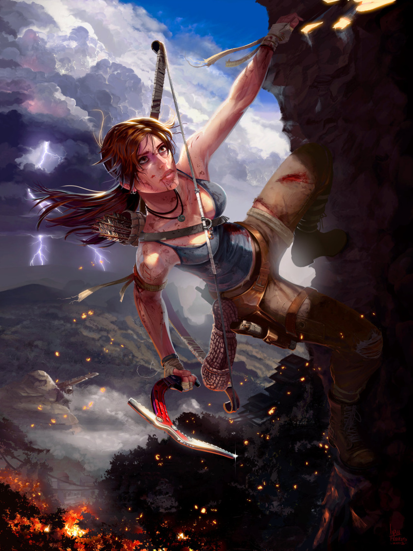 1girl animal blood bow_(weapon) brown_eyes brown_hair clouds fire gun lara_croft lightning long_hair mountain solo storm tank_top thunder tomb_raider weapon