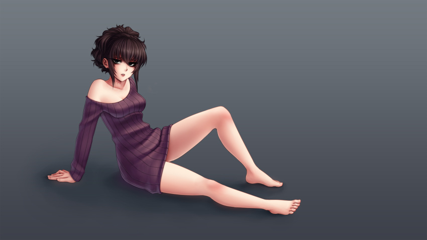 1girl bags_under_eyes barefoot black_hair black_lagoon collarbone feet gradient gradient_background highres monorus petite ribbed_sweater sawyer_the_cleaner scar short_hair sitting solo sweater sweater_dress