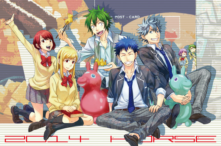 3girls 4boys artist_request belt blonde_hair blue_eyes blue_hair blush book braid breasts brown_eyes closed_eyes earrings female green_eyes green_hair grin hair_ornament itou_miyabi jacket jewelry long_hair male miyamura_toranosuke multiple_boys multiple_girls necktie odagiri_nene open_mouth pants purple_hair red_eyes redhead ribbon scarf school_uniform shiraishi_urara shoes short_hair skirt smile socks striped_background tamaki_shinichi tsubaki_kentarou yamada-kun_to_7-nin_no_majo yamada_ryuu