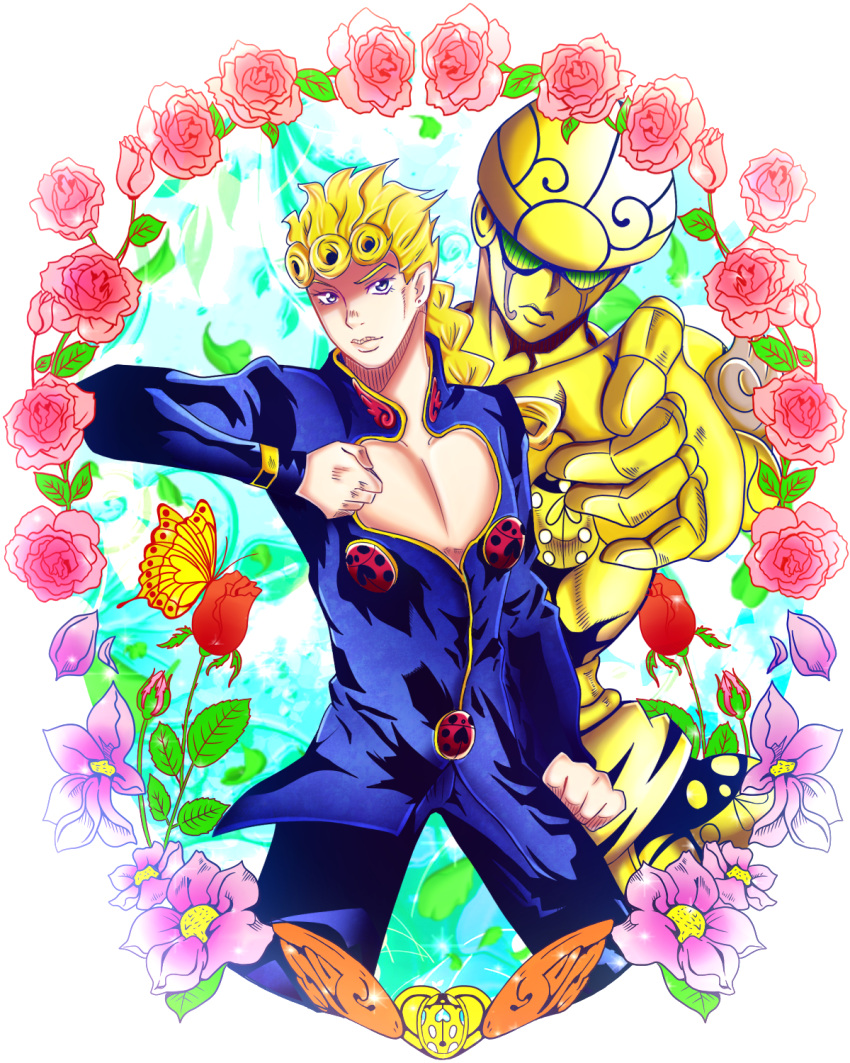 1boy blonde_hair blue_eyes butterfly chouhana clothes_pull earrings flower foreshortening giorno_giovanna gold_experience highres jewelry jojo_no_kimyou_na_bouken jojo_pose ladybug pointing pointing_at_viewer pose rose stand_(jojo)