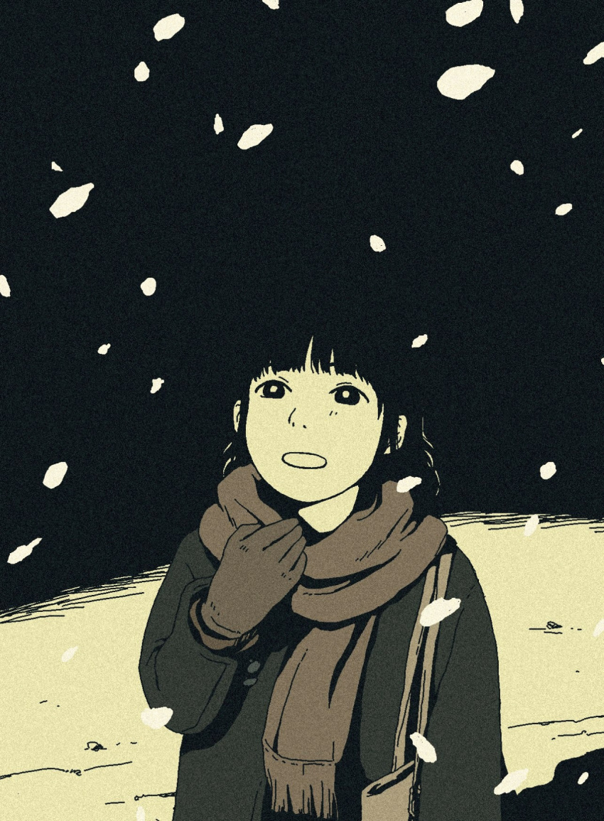 1girl bag bangs black black_eyes black_hair brown_gloves coat cold female gloves highres hosoo monochrome night night_sky open_mouth original outdoors scarf sky snow snowing solo tagme
