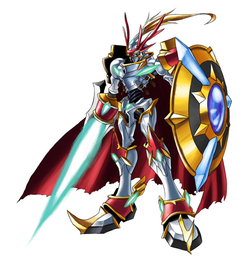 armor bandai cape digimon dukemon dukemon_x full_armor knight monster no_humans official_art polearm royal_knights shield simple_background solo spear weapon