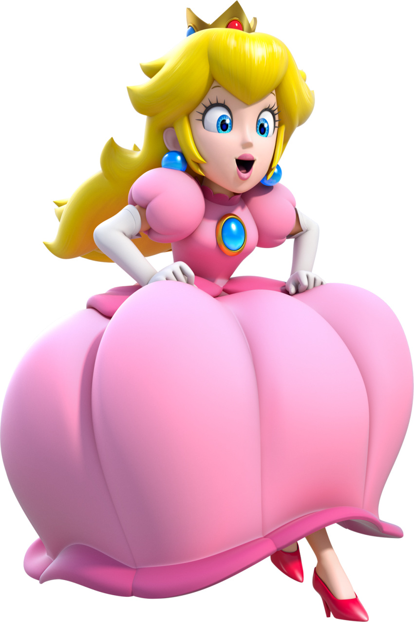 1girl 3d blonde_hair blue_eyes dress high_heels lips long_dress official_art pink_dress princess_peach simple_background solo super_mario_3d_world super_mario_bros. tagme