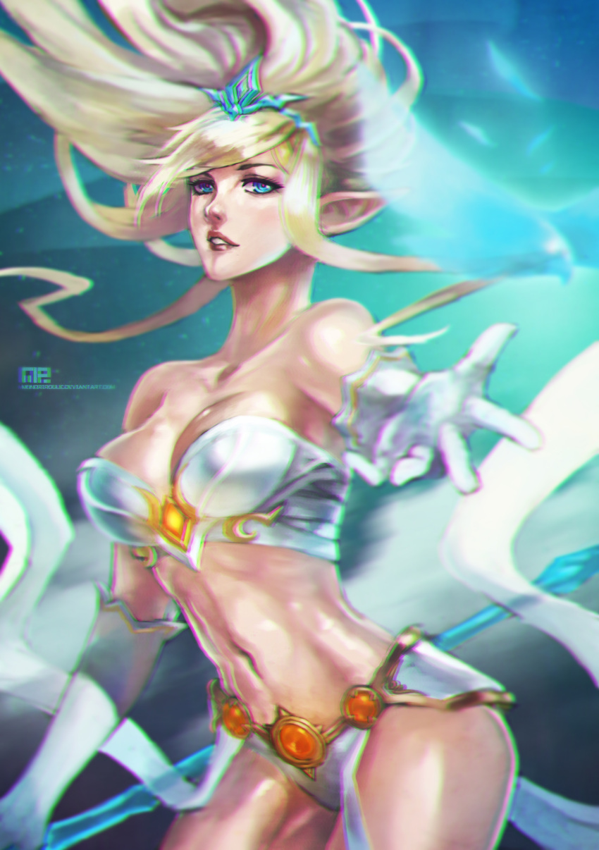 1girl absurdres blonde_hair breasts cleavage gradient gradient_background highres janna_windforce league_of_legends looking_at_viewer monori_rogue navel solo stomach tiara