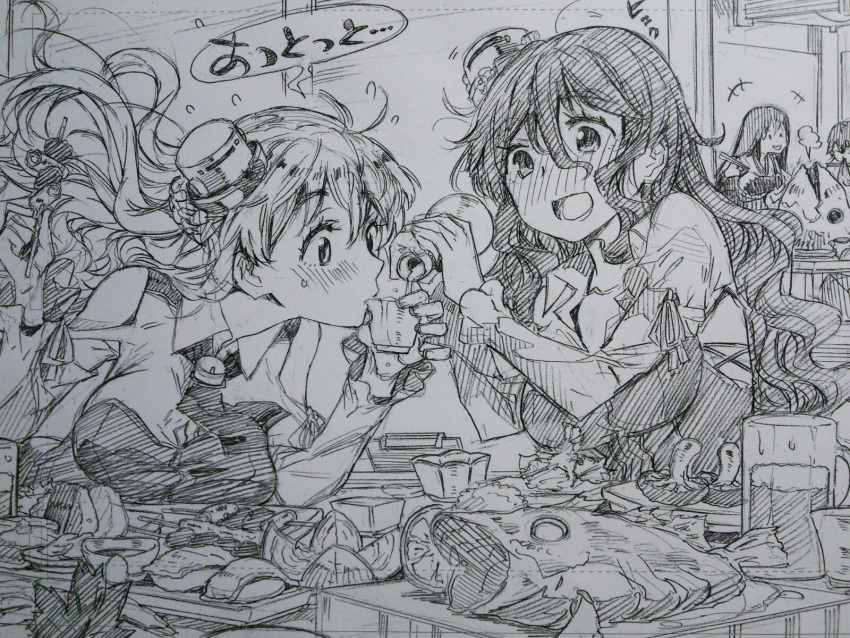 4girls akagi_(kantai_collection) alcohol bare_shoulders blurry blush bottle capelet depth_of_field drunk fish food fruit greyscale hair_between_eyes highres kaga_(kantai_collection) kantai_collection kojima_takeshi leaning_forward lemon long_hair looking_at_another monochrome multiple_girls mushroom pola_(kantai_collection) pouring sake sake_bottle sketch straight_hair sushi table upper_body wavy_hair zara_(kantai_collection)