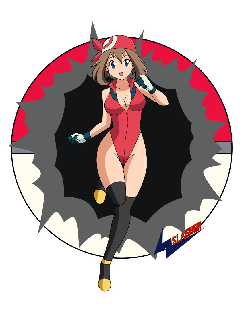 00s 1girl absurdres bandanna bare_shoulders black_legwear blue_eyes breasts brown_hair cleavage collarbone female gloves hair_ribbon haruka_(pokemon) highleg highleg_leotard highres large_breasts legs leotard looking_at_viewer open_mouth poke_ball pokemon pokemon_(game) pokemon_rse ribbon running shoes short_hair sleeveless solo thigh-highs thighs wslasher yellow_shoes zipper