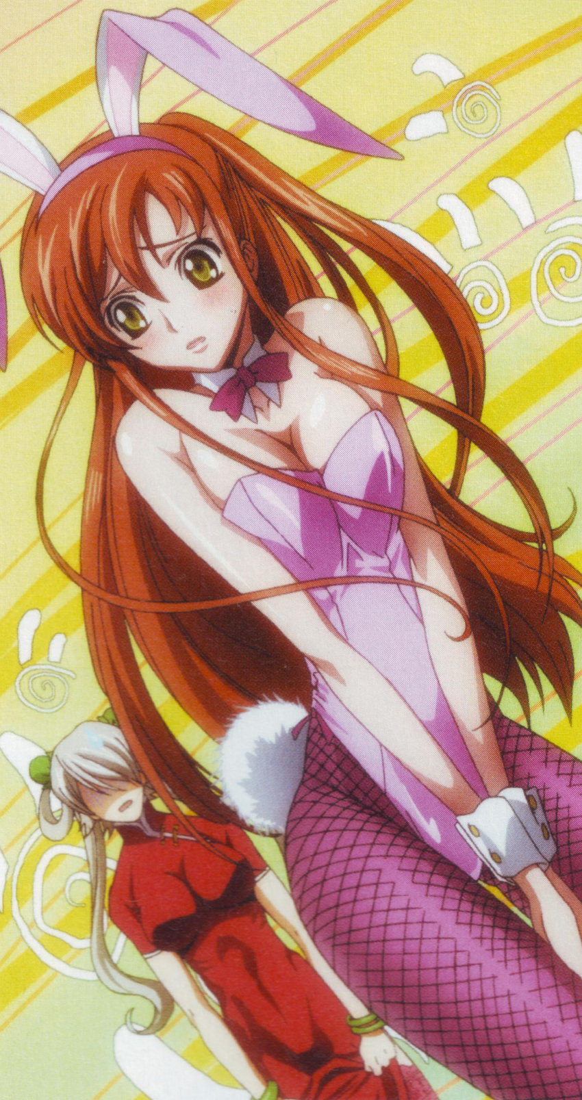 2girls animal_ears breasts brown_hair bunny_girl bunny_tail bunnysuit cleavage code_geass code_geass:_lost_colors cosplay embarrassed fake_animal_ears fake_tail female fishnet_pantyhose fishnets long_hair looking_at_viewer multiple_girls pantyhose rabbit_ears rai scan shirley_fenette striped_background tail