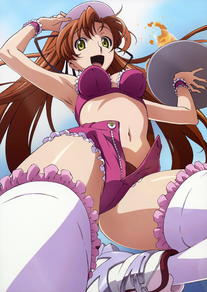 1girl :d arm_up armpits bare_shoulders bra breasts brown_hair code_geass female frills from_below glass gradient gradient_background green_eyes happy highres lace legs long_hair looking_at_viewer looking_down midriff navel official_art open_mouth orange_juice panties shirley_fenette short_shorts shorts smile solo spilling tabata_hisayuki thigh-highs tray twintails unbuttoned underwear unzipped waitress wallpaper wrist_cuffs