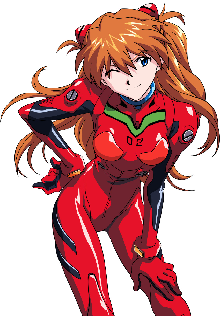 1girl blue_eyes gainax hand_on_hip highres long_hair maxxyne neon_genesis_evangelion orange_hair plugsuit simple_background single smile solo souryuu_asuka_langley tall_image transparent_background vector_trace wink