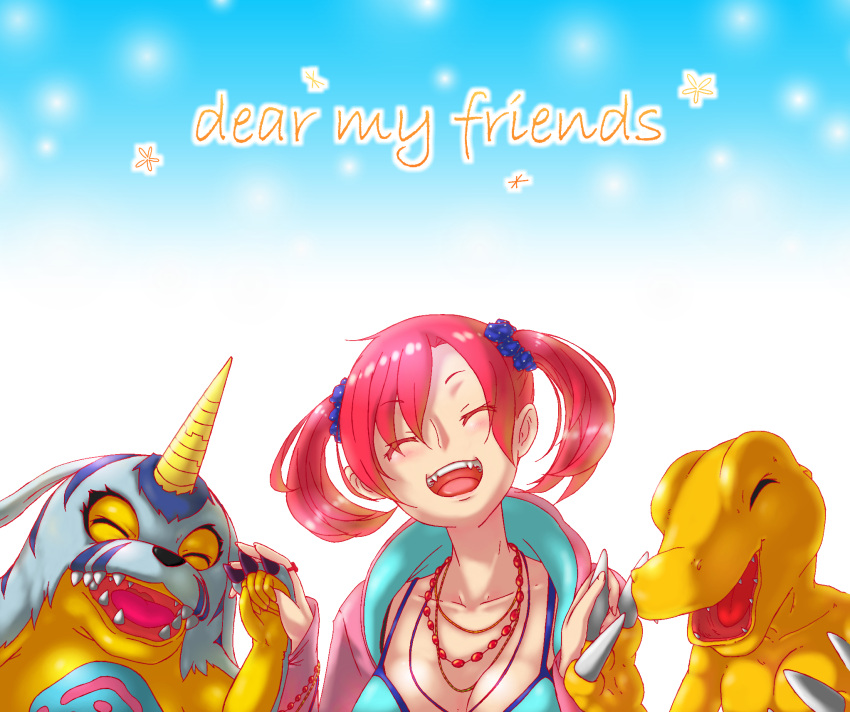 1girl 2boys agumon bandai blue_dress breasts claws cleavage digimon digimon_story:_cyber_sleuth dress fangs female friends gabumon happy horns monster multiple_boys open_mouth redhead shiramine_nokia simple_background smile solo twintails