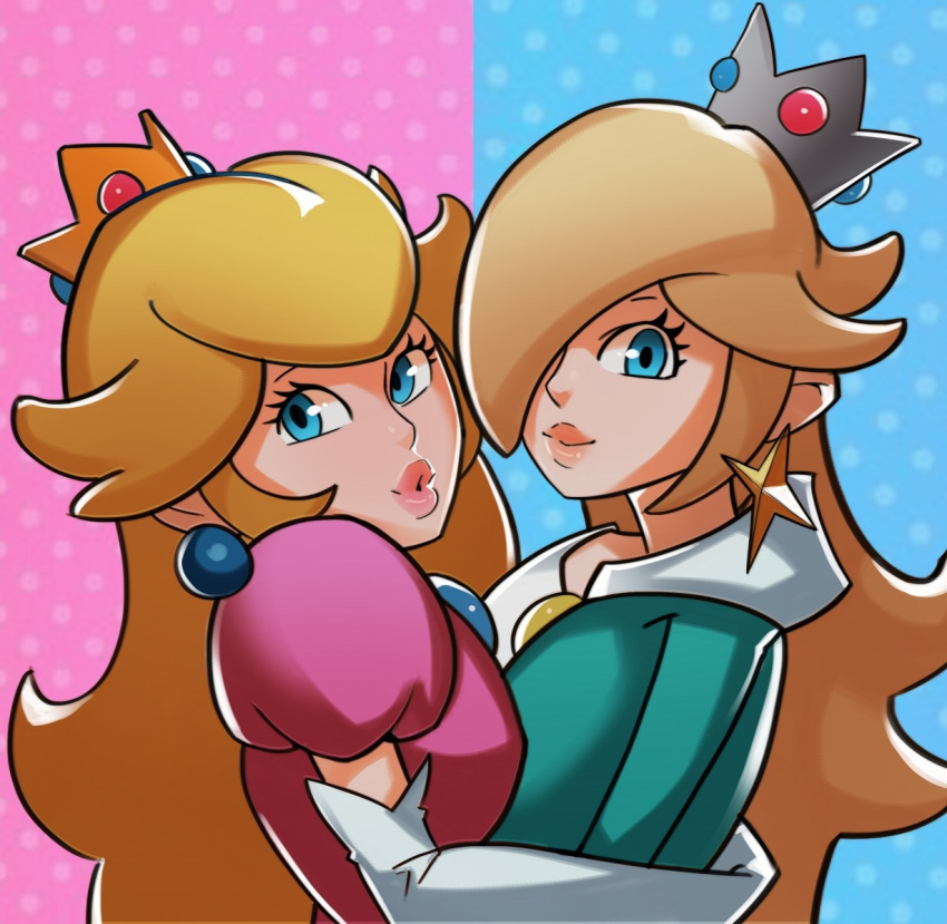 2girls blonde_hair blue_eyes crown earrings elbow_gloves gloves jewelry lips lipstick long_hair looking_at_viewer makeup multiple_girls nintendo polka_dot polka_dot_background princess_peach puffy_sleeves rosetta_(mario) splashbrush super_mario_bros. super_mario_galaxy thick_lips white_gloves