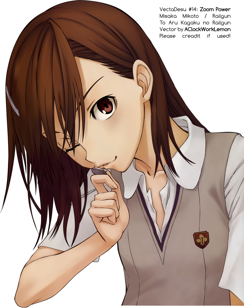 1girl absurdres brown_eyes brown_hair extraction highres misaka_mikoto one_eye_closed simple_background solo to_aru_kagaku_no_railgun to_aru_majutsu_no_index transparent_background vector_trace wink