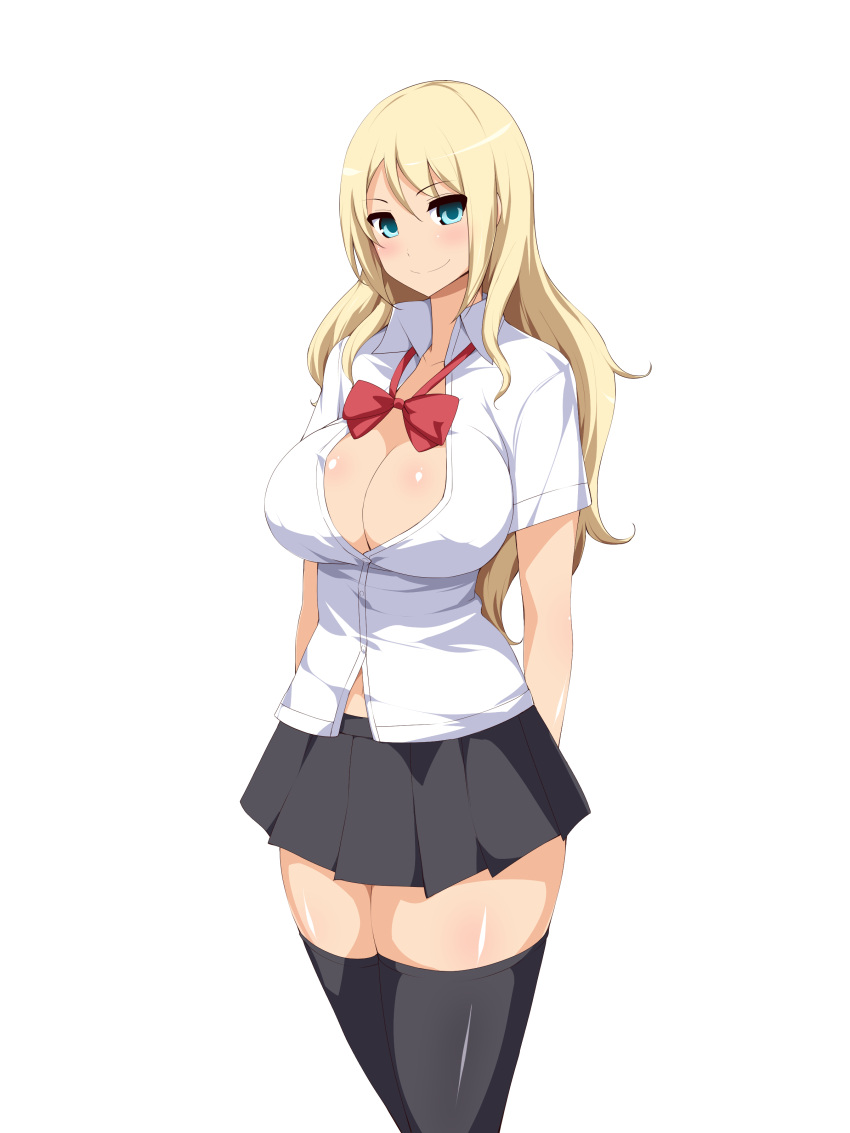 1girl aqua_eyes black_legwear black_skirt blonde_hair blush bow bowtie breasts bursting_breasts cleavage curvy eve_(artist) female highres large_breasts legs long_hair looking_at_viewer school_uniform simple_background skirt smile solo standing thick_thighs thigh-highs thighs unbuttoned white_background zettai_ryouiki