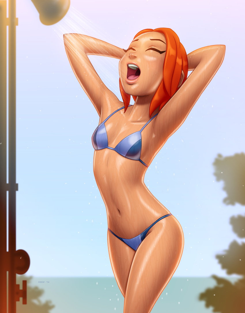 1girl armpits arms_behind_head arms_up beach ben_10 bikini breasts closed_eyes drew_gardner gradient gradient_background gwendolyn_tennyson navel open_mouth orange_hair shower small_breasts solo swimsuit tongue wet