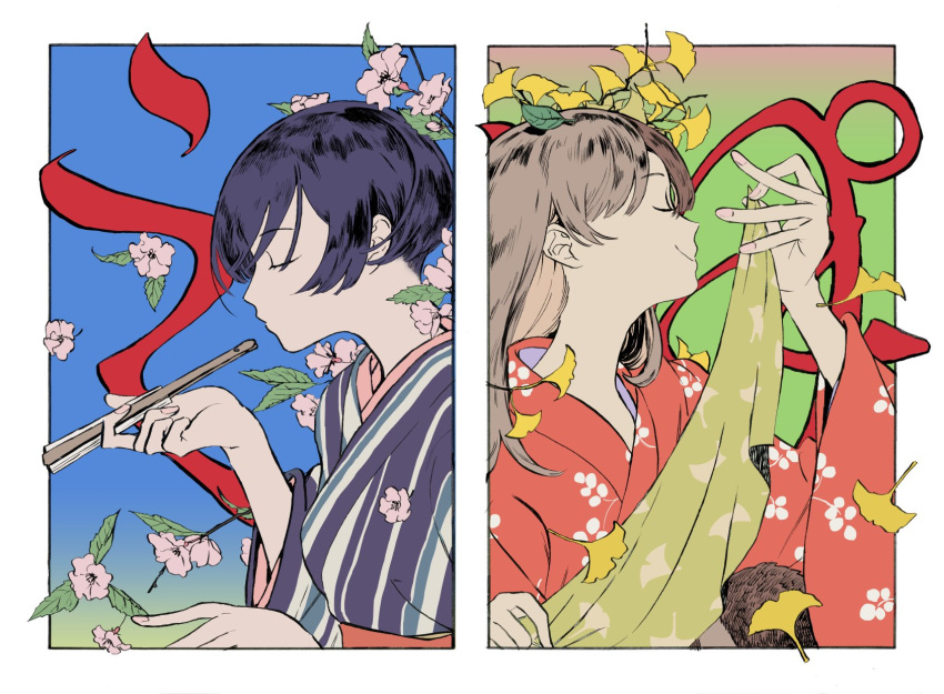 2girls bangs closed_eyes flower framed hand_fan highres japanese_clothes kimono memotyoumemo multiple_girls original paper_fan profile short_hair