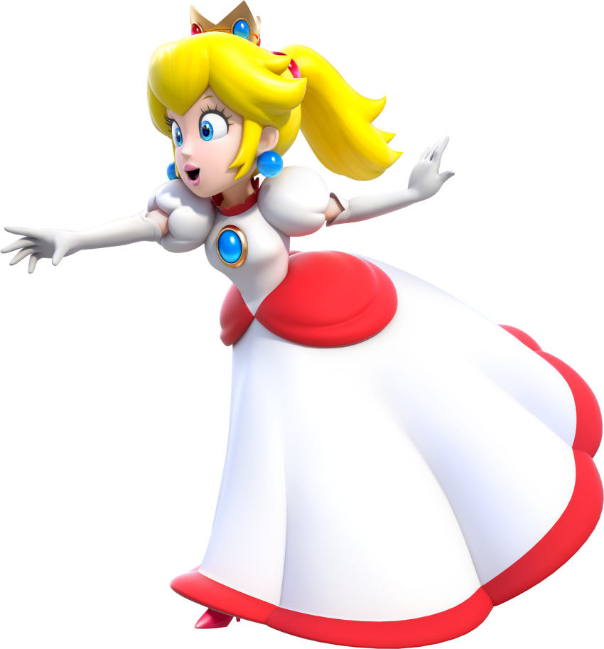 1girl 3d blonde_hair blue_eyes dress earring gloves lips long_dress official_art ponytail princess_peach simple_background solo super_mario_3d_world super_mario_bros.